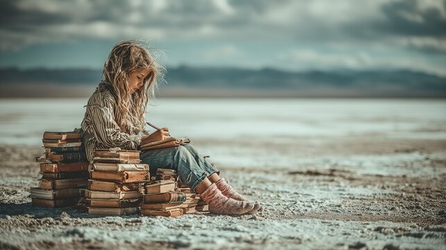 Focused Young Girl Writing in Notebook While Sitting on Stack of Vintage Books in Vast Open Wilderness Under Cloudy Sky, Outdoor Learning and Creative Composition Scene
