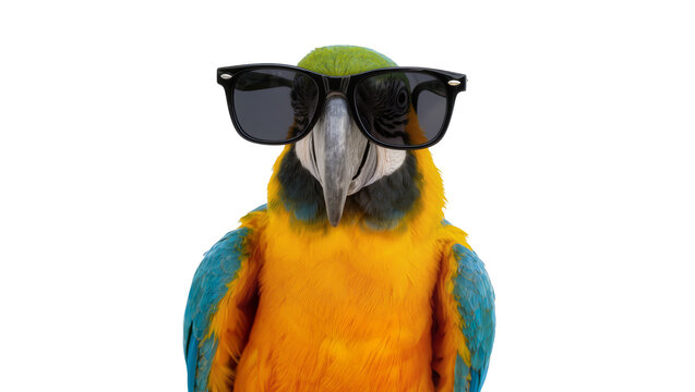 Isolated parrot with stylish black sunglasses, a vibrant and cool tropical bird portrait