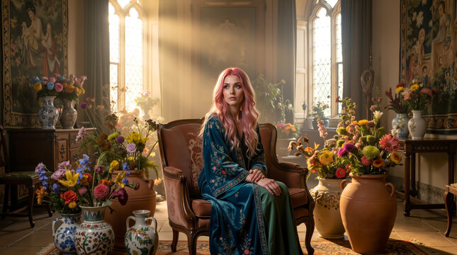 A woman sitting in a chair surrounded by flowers in a room