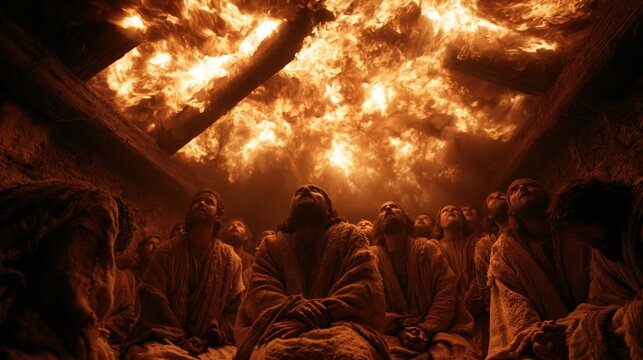 Cinematic Illustration of Biblical Pentecost, Divine Holy Fire Engulfing the Ceiling Above Disciples Praying in Jerusalem
