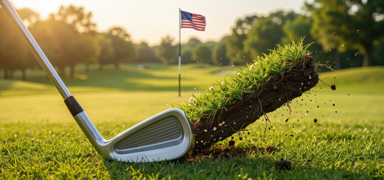 A golf club hitting out of a hole in the grass with an American flag in the background