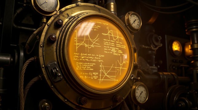 Vintage steampunk style round brass dashboard screen displaying mathematical formulas and complex equations