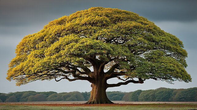 Solitary Majestic Ancient Oak Tree with Autumn Yellow-Green Foliage, Standing in Open Rural Field with Forest Backdrop and Overcast Sky, Seasonal Countryside Nature Landscape