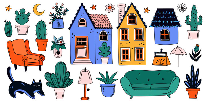 Cozy home elements and house decor objects