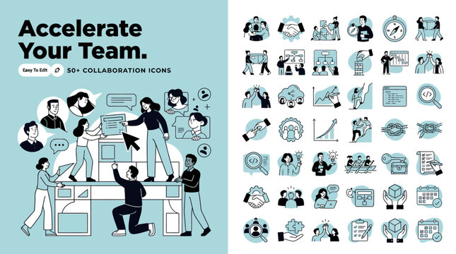 Comprehensive Collection of Business Collaboration and Teamwork Icons Illustrating Project Management and Accelerated Growth Concepts