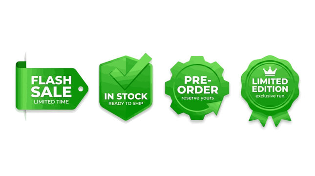Collection of E-commerce Marketing Labels and Product Status Badges with Flash Sale, In Stock, Pre-Order, and Limited Edition Tags