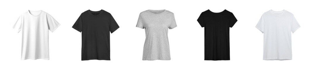 Fototapeta premium Five plain t-shirts in white, black, and gray displayed in a row.