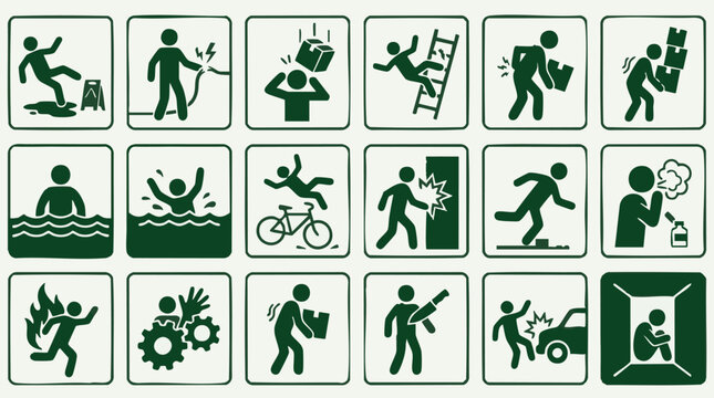 Collection of universal safety hazard warning icons and pictograms
