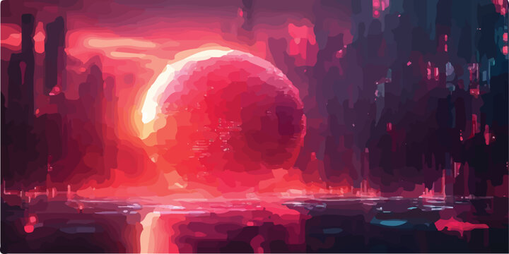 Glowing red digital sphere in futuristic city at night with artificial intelligence digital art futuristic cyberpunk technology abstract background architecture illumination hologram