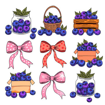 Blueberries in jars baskets and boxes with bows
