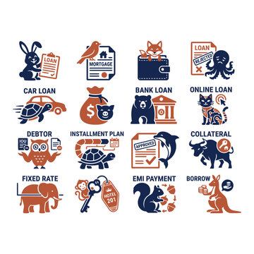 Financial loan concepts with animal illustrations isolated on white background