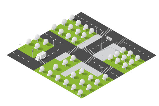 Isometric city layout with streets, park, and truck