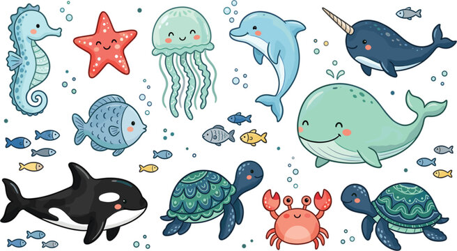 Cute Cartoon Sea Animals Vector Set with Smile Whale, Dolphin, Orca, Sea Turtle, Narwhal, Seahorse, and Jellyfish Characters for Kids Nursery Graphic Designs