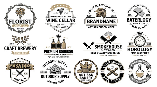 Elegant collection of retro-style logos and badges for business branding, ideal for artisan crafts, gourmet food, and professional services, showcasing timeless vintage emblems