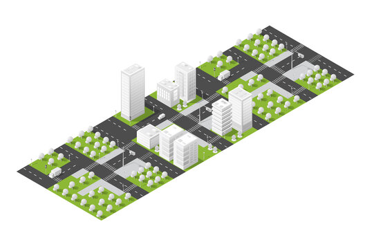 Isometric city landscape developing urban planning infrastructure layout