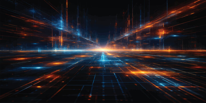 Futuristic digital grid with glowing blue and orange data lines and network connections flowing into the horizon big data machine learning deep learning science fiction abstract futuristic