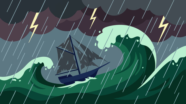 Illustration of a ship battling a severe storm with lightning and huge waves
