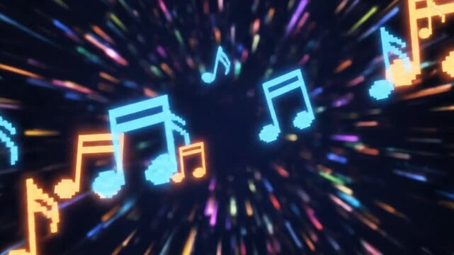 Glowing pixelated musical notes float through a dark abstract space