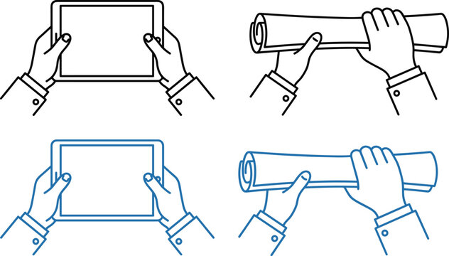 Vector illustration of hands holding tablet and scroll objects representing communication, technology, and document themes