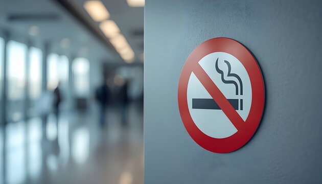 No smoking sign mounted on a grey wall in a modern office building hallway with blurred background