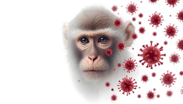 Monkey face with floating red virus cells representing a health risk and viral outbreak concept art