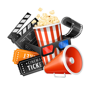 Movie tickets, popcorn, popcorn in a paper cup, loud speaked and producer clapperboard. Symbols of classic retro cinematography online cinema theater. Isolated on white background Vector Illustration