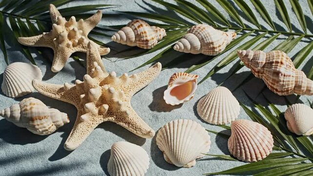 Assorted seashells and starfish on sand with tropical palm leaves in bright sunlight