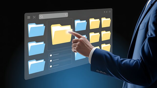 Businessman Hand Using Futuristic Digital File System Interface with Folders and Documents