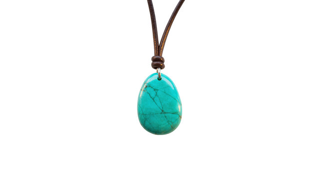 Isolated natural turquoise gemstone pendant on a rustic leather cord necklace, close-up