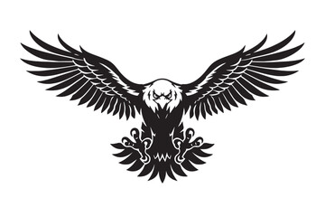 Obraz premium Majestic bald eagle mascot vector, powerful soaring bird of prey with spread wings, black and white predatory eagle illustration for sports logos