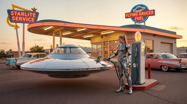 Retro futuristic scene of a sci-fi astronaut refueling a hovering flying saucer