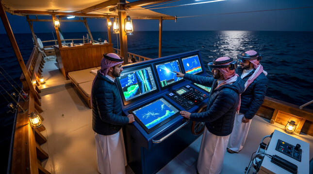Arab men using virtual reality headsets and digital control navigation panels on ship deck
