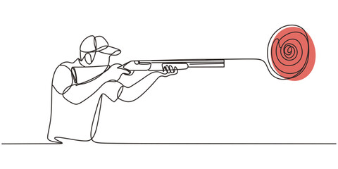 clay pigeon shooter vector continuous one line drawing, One continuous line drawing young man on shooting training ground practice for competition with rifle gun. Outdoor shooting sport concept. © Parboti