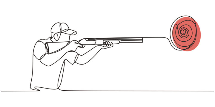 clay pigeon shooter vector continuous one line drawing, One continuous line drawing young man on shooting training ground practice for competition with rifle gun. Outdoor shooting sport concept.