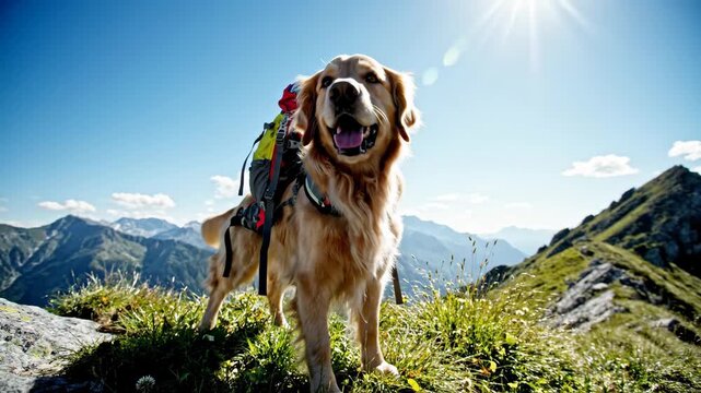 Golden retriever with backpack standing on mountain peak. Happy dog hiking on highland trail during sunny day. Animal adventure and backpacking trip in wilderness.