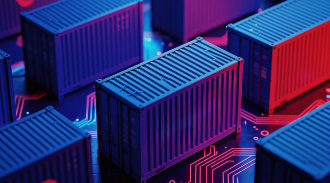 Shipping containers arranged on circuit board pattern. Blue and red lights illuminate digital supply chain logistics. Global trade and cargo movement visualized.