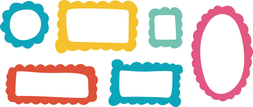 Set of thick colorful scalloped frames and wavy text boxes with white copy space isolated on a white background. Hand-drawn flat frames and wide borders for banners, labels, badges, and kids' educatio