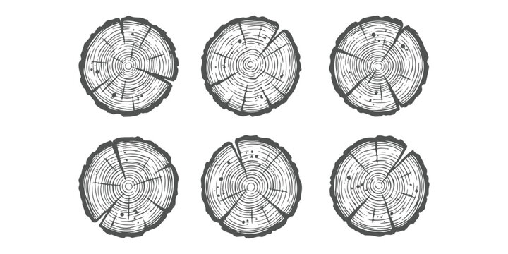 Set of six hand drawn wood log cross section illustrations with tree rings in black and white