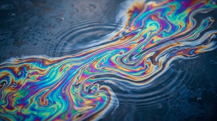 Obraz premium Vibrant oil slick on wet asphalt pavement creating colorful iridescent rainbow patterns representing environmental pollution