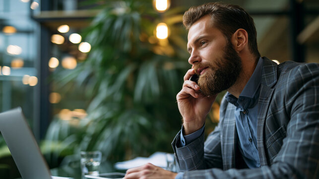A European thoughtful young businessman viewed from the side has a soft phone talk while sitting in front of a calm bright laptop in modern office daylight phone talk faceless