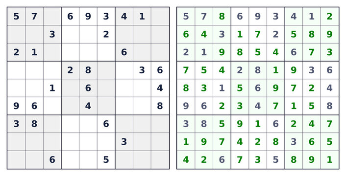 9x9 Sudoku green highlighted answer. White background black grid for printing