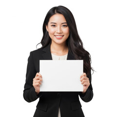 Naklejka premium Professional woman holding blank white sign isolated on transparent background