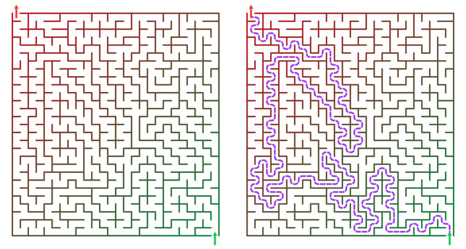 Maze pattern with solution path in colorful illustration  