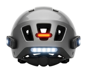 Obraz premium Modern silver bicycle helmet with integrated LED signal lights seen from the rear isolated transparent background image