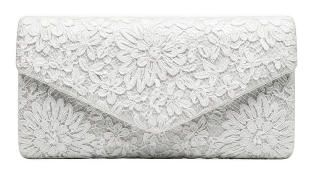 Elegant white lace envelope clutch purse with detailed floral embroidery isolated transparent background image