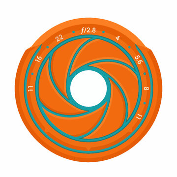 Camera lens aperture diaphragm with f-stop numbers in orange and teal flat vector illustration
