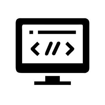Computer monitor icon with coding symbols on screen