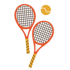 Flat vector illustration with vintage tennis rackets and yellow ball isolated on white background. Minimal sporty design for recreation, competition, training, and active lifestyle themes. © Dilara