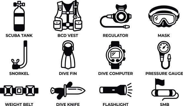 Diving Equipment Icons Essential Gear for Underwater Exploration