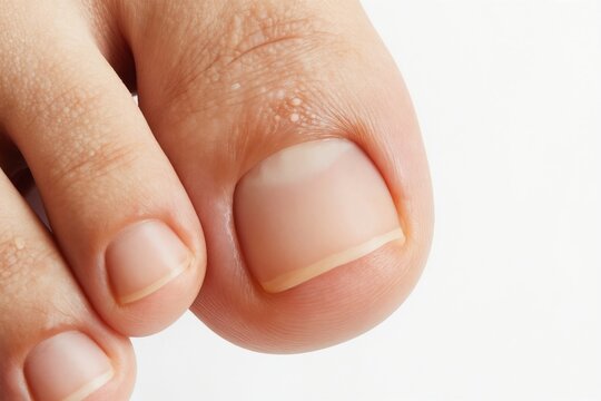 Close-up of human foot toe with healthy nails and minor skin bumps. Some nails show slight discoloration and texture changes. Skin near the nail bed is smooth.